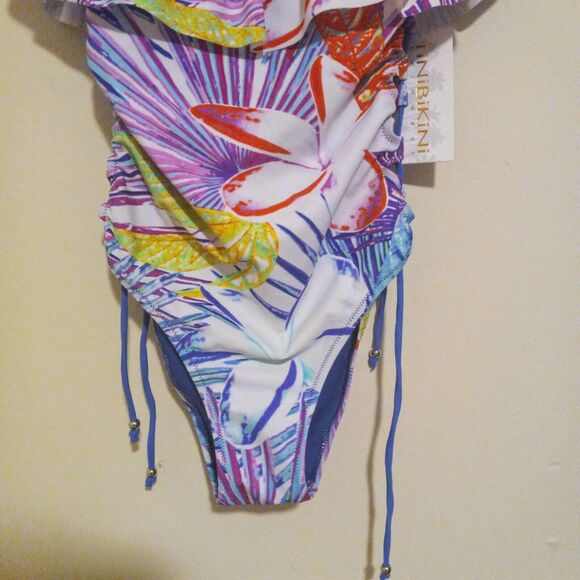 TiniBikini Small Tropical Palm One Piece Swimsuit-Ruffle Neck-Lace Up Sides-NEW - Picture 5 of 10